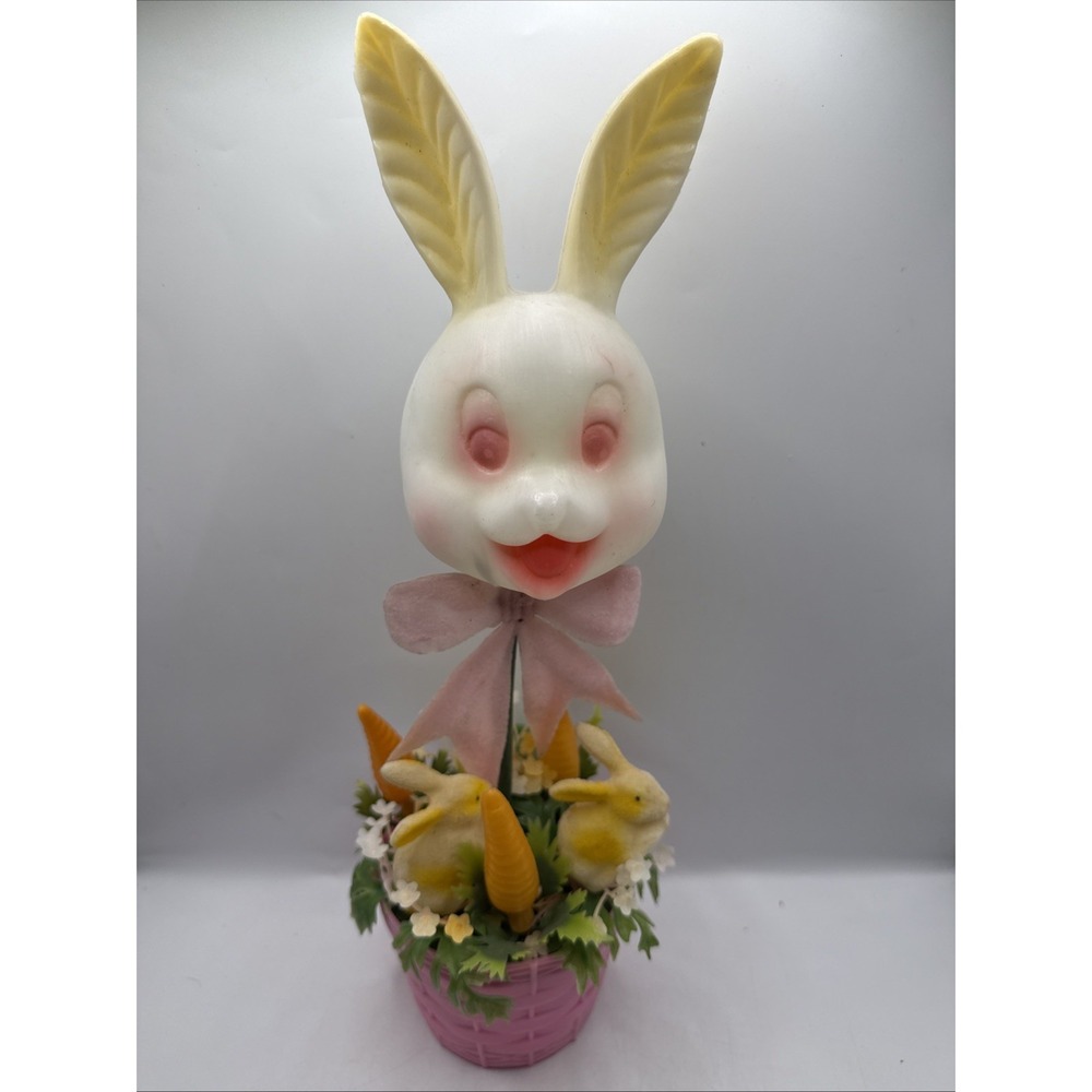 Vintage 50s Easter Bunny In Basket Flocked Rabbits Carrots Hong Kong 14.5"T 5.5W